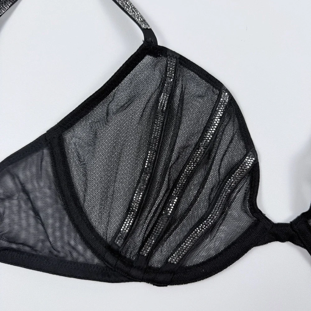 Victoria's Secret Very Sexy Black Mesh Lace Demi Underwire Bra Shine Strap 36B